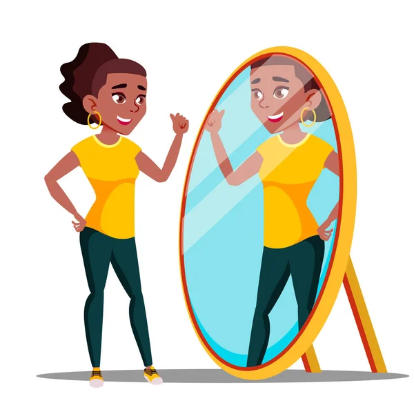 Character Woman Watch Mirror And Admires Vector — Stock Vector