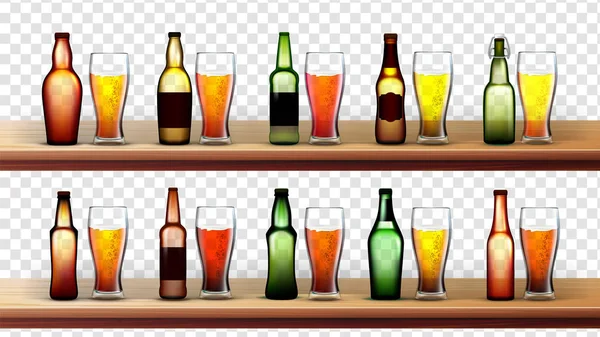 Vector de diferentes botellas y vasos con cerveza — Archivo Imágenes Vectoriales