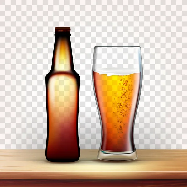 Garrafa realista e vidro cheio de vetor de cerveja vermelha — Vetor de Stock