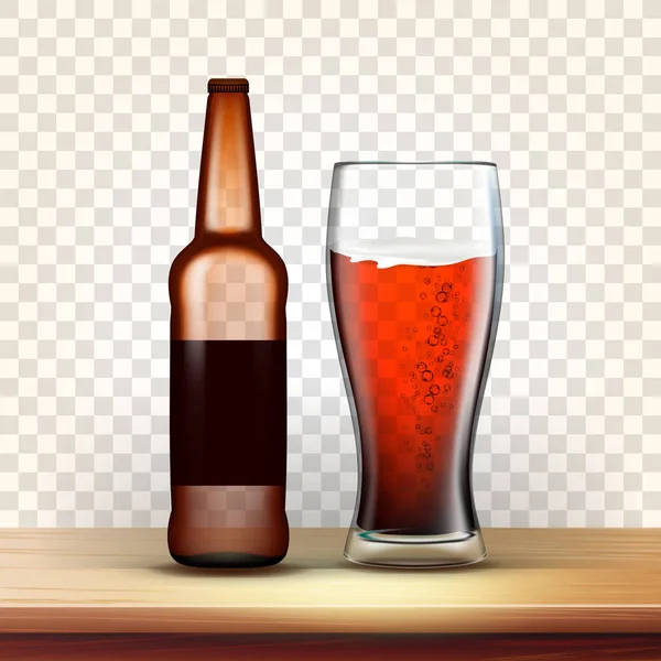 Botella realista y vaso de cerveza oscura Vector — Vector de stock