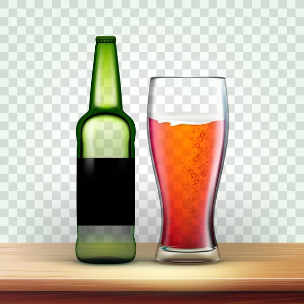 ビールベクトル付きリアルなグリーンボトルとグラス — ストックベクタ