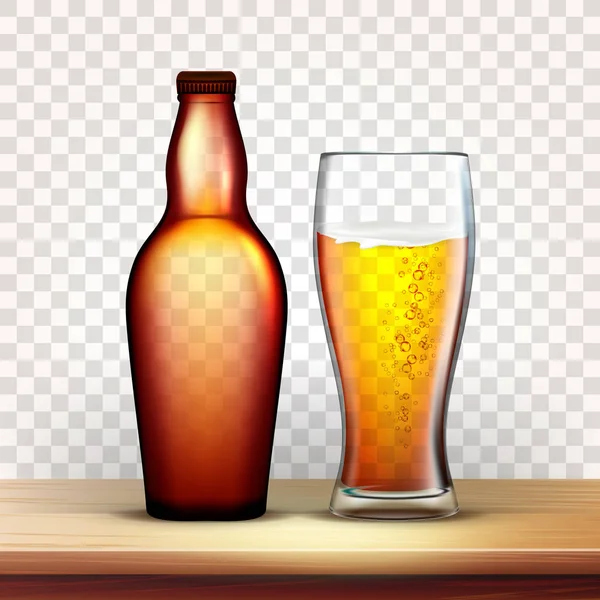 Garrafa de cerveja e vidro com vetor de bebida espumosa — Vetor de Stock