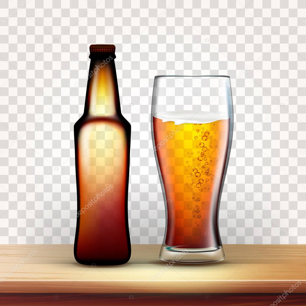 Realistic Bottle And Full Glass Of Red Beer Vector