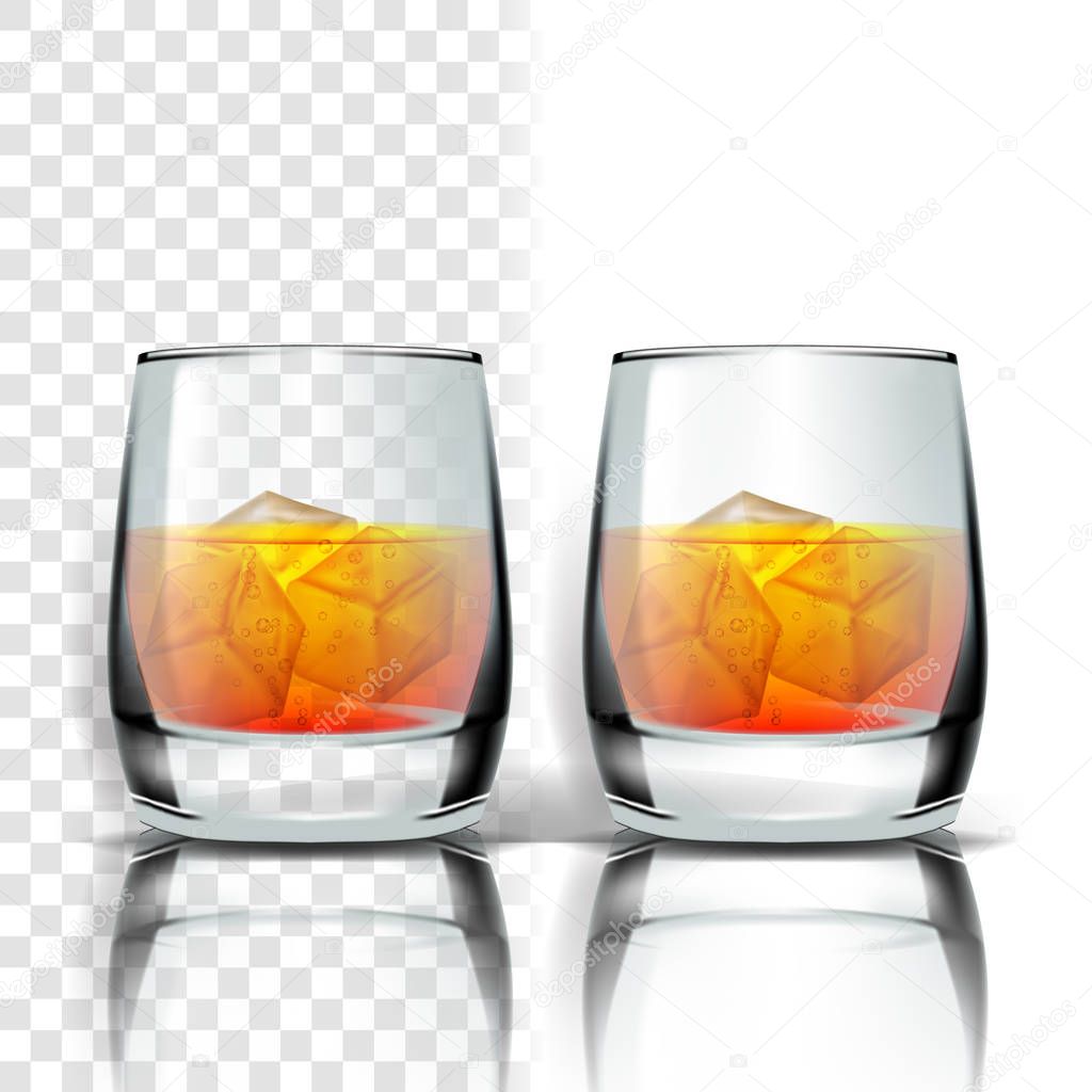 Realistic Glass With Whisky And Ice Cubes Vector