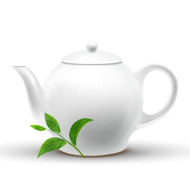 Vektör Yeşil Çay Yaprağı ile Seramik Beyaz Çaydanlık