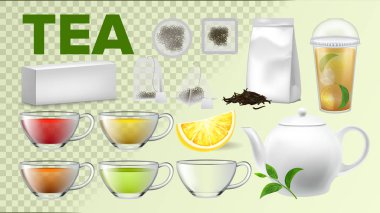 Çay Bardakları Ve Demlik Mutfak Vektör Gerçekçi Set