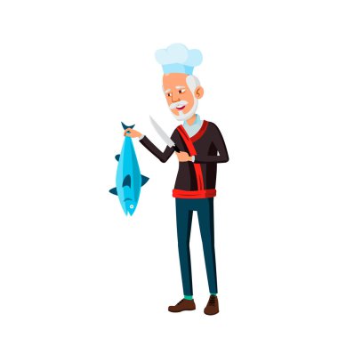 Asyalı Yaşlı Adam Vektörü. Yaşlı insanlar. Kıdemli Kişi. İzole Karikatür İllüstrasyon