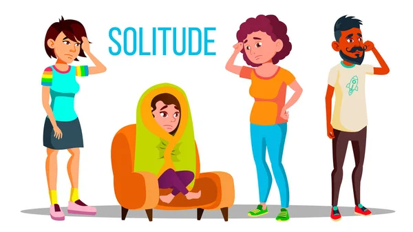 Solitude Character Depression Concept Set Vector — Stock Vector