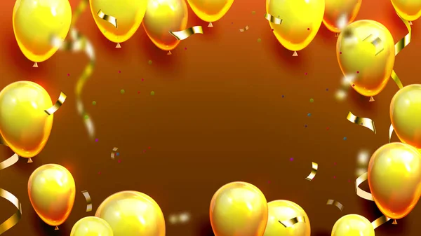 Globos dorados brillantes y vector de cartel de Confetti — Vector de stock