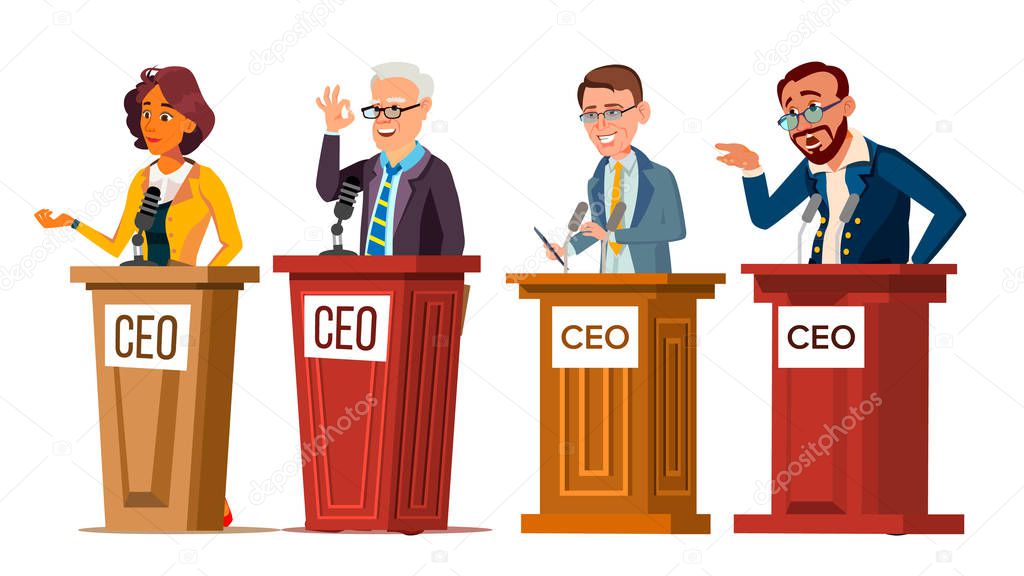 Character Ceo Talking From Tribune Set Vector
