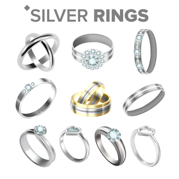 Different Bright Silver Metallic Rings Set Vector — Stock Vector