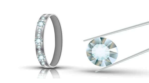 Fehér arany gyűrű díszített gyémánt kerek vektor — Stock Vector