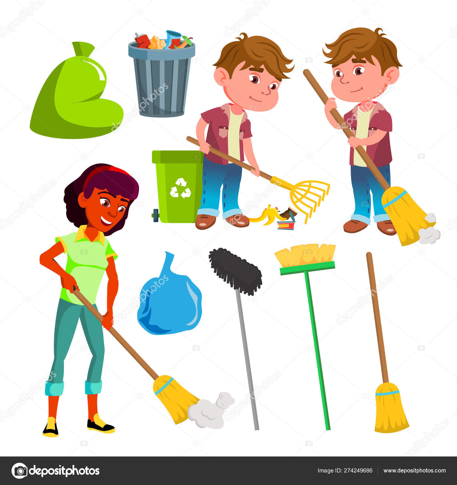 Character People Sweep And Equipment Set Vector Stock Vector