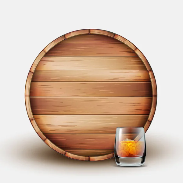 Baril en bois blanc avec verre de vecteur de whisky — Image vectorielle