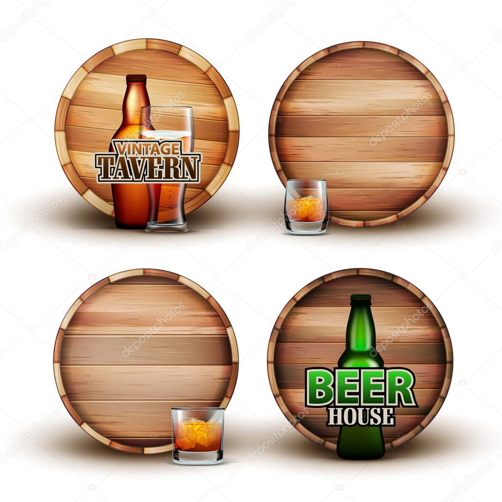 Wooden Barrel With Bottle And Glass Set Vector