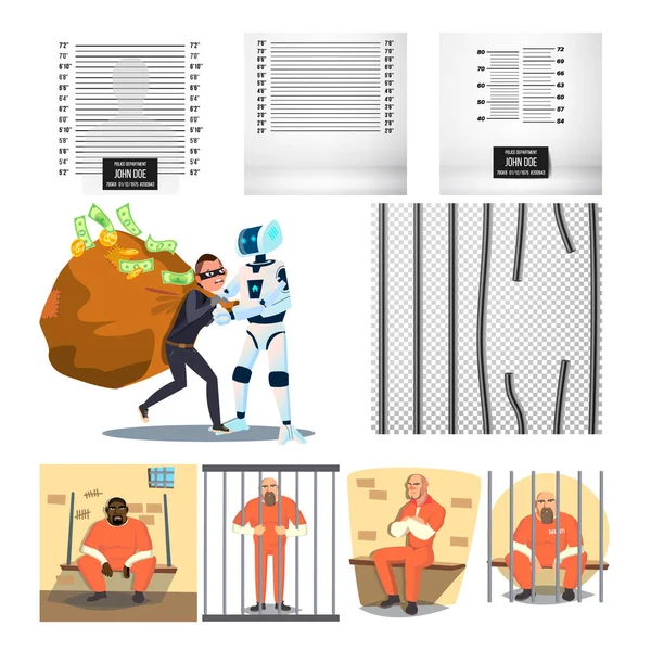 Arrested Character Criminal And Prison Set Vector — Stock Vector