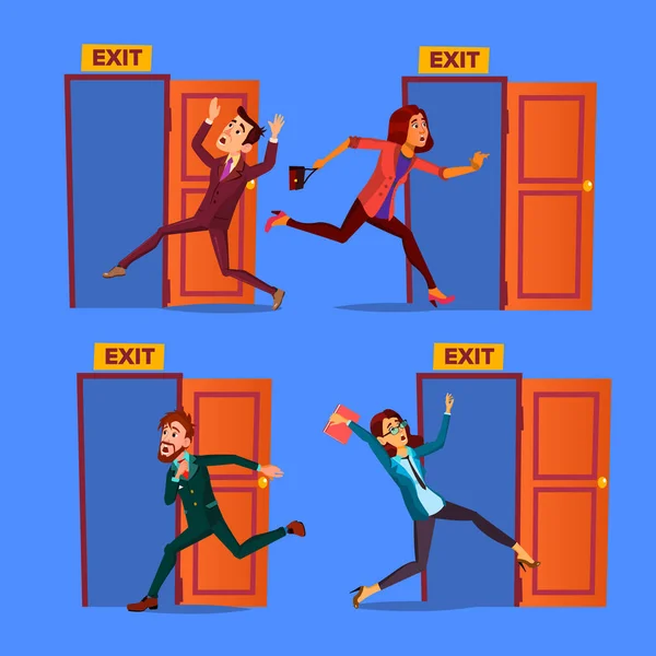 Character Evacuation To Open Door Exit Set Vector — Stock Vector