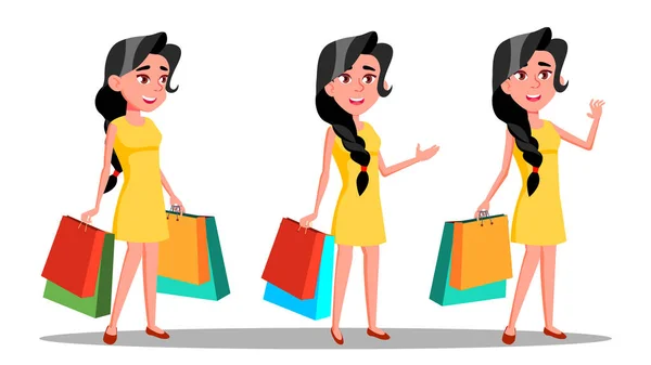 Personaje Mujer joven Shopaholic con bolsa Vector — Archivo Imágenes Vectoriales