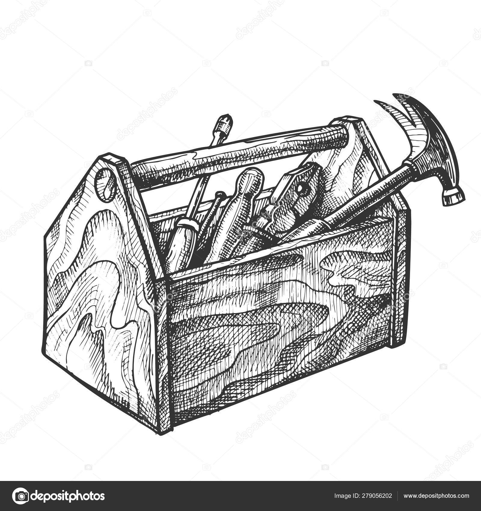 Vintage Wooden Toolbox With Old Instrument Vector Векторное.