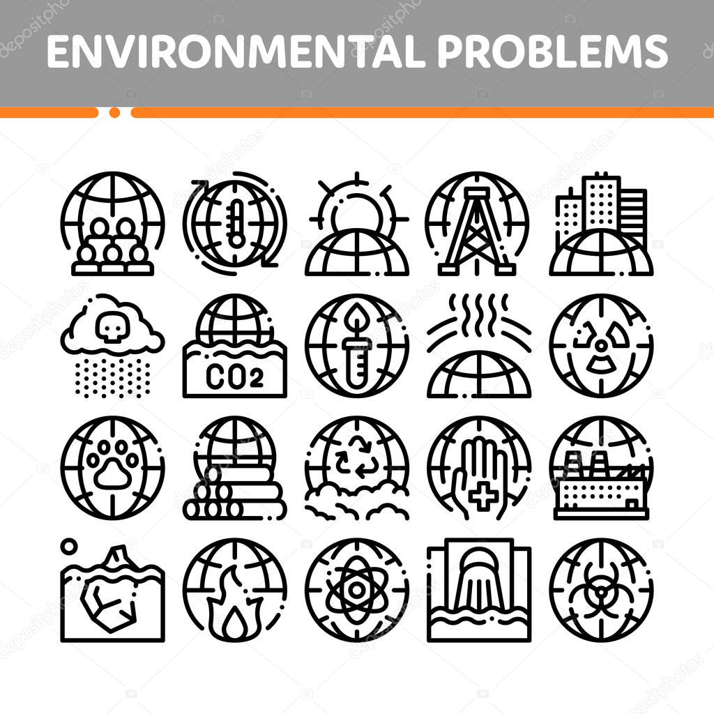 Environmental Problems Vector Thin Line Icons Set
