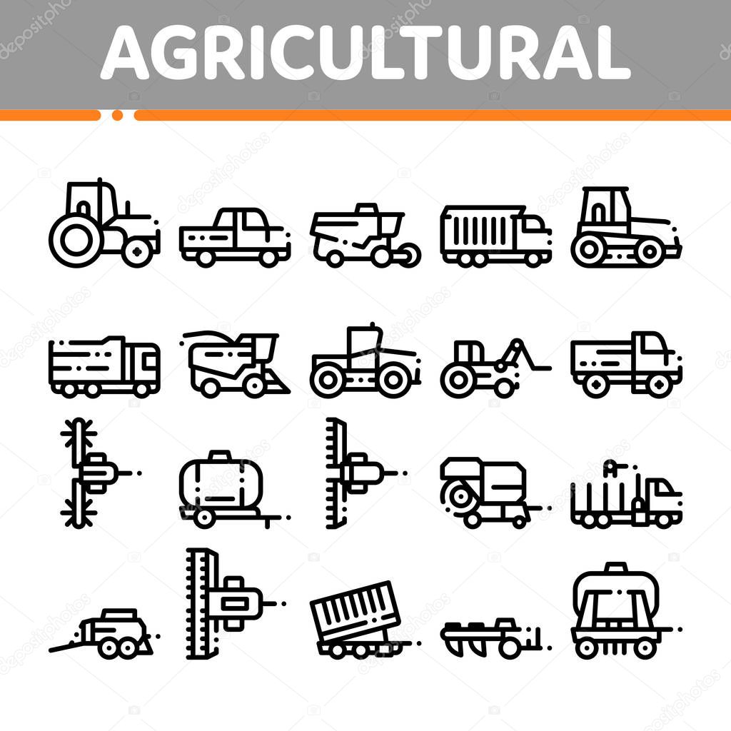 Agricultural Vehicles Vector Thin Line Icons Set. Agricultural Transport, Harvesting Machinery Linear Pictograms. Harvesters, Tractors, Irrigation Machines, Combines Color Contour Illustrations