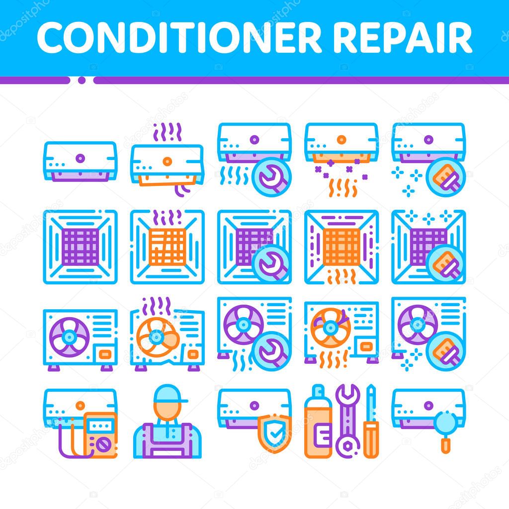 Conditioner Repair Vector Thin Line Icons Set