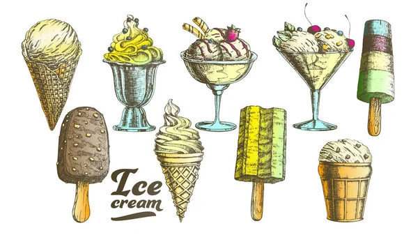 カラー品揃え冷凍アイスクリームセットヴィンテージベクトル — ストックベクタ