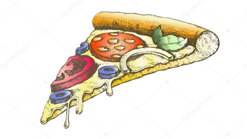 Color Delicious Italian Slice Pizza Hand Drawn Vector