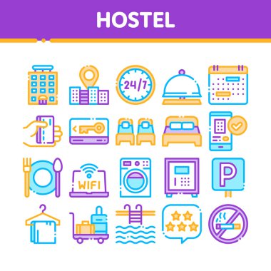 Koleksiyon Hostel Elemanları Vektör İşaret Ikon Seti