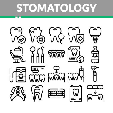 Stomatoloji Koleksiyonu Vektör İnce Çizgi Simgeler Seti