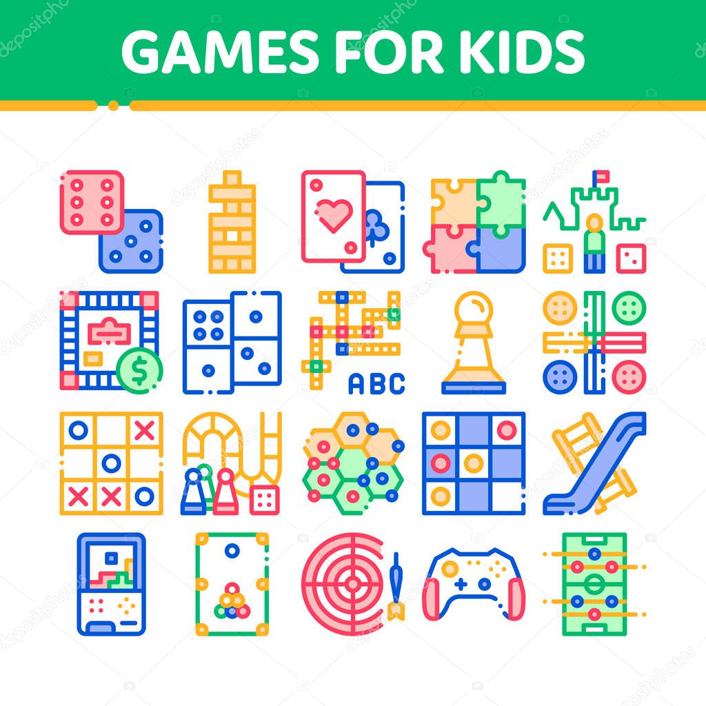 Interactive Kids Games Vector Thin Line Icons Set. Domino, Chess And Video Games Controller Linear Pictograms. Cards, Billiard, Darts Color Contour Illustrations