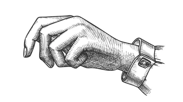 Menina mão gestos segurando saco vetor Handdrawn — Vetor de Stock