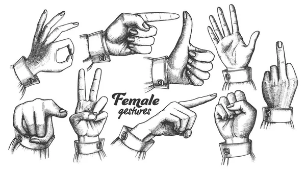 Multiple Female Caucasian Hand Gesture Set Vector — Stock Vector