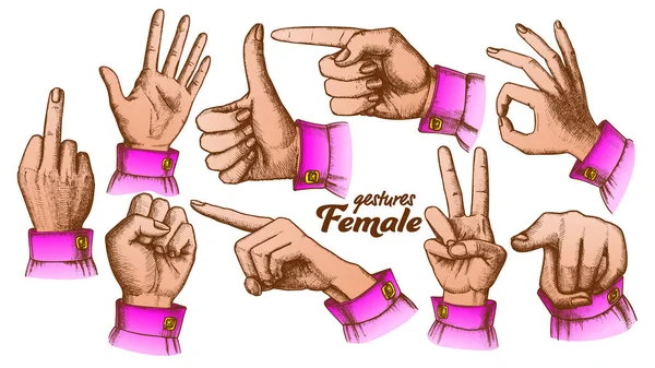 Color Multiple Female Caucasian Hand Gesture Set Vector — Stock Vector