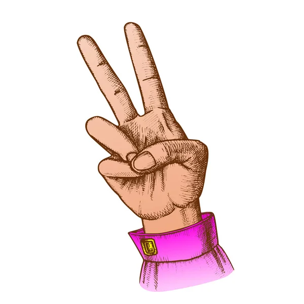 Kolor ręka gest Pokój symbol dwa palec w górę tusz wektor — Wektor stockowy