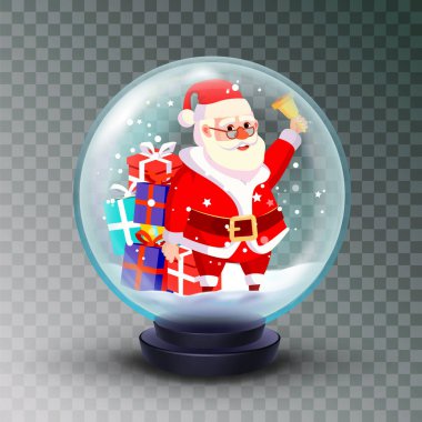 Noel Snow Globe gerçekçi vektör. Hediyeler ile sevimli Noel Baba. Gerçekçi 3d kar küre oyuncak. Kış Xmas tasarım öğesi. Saydam arka plan illüstrasyon izole