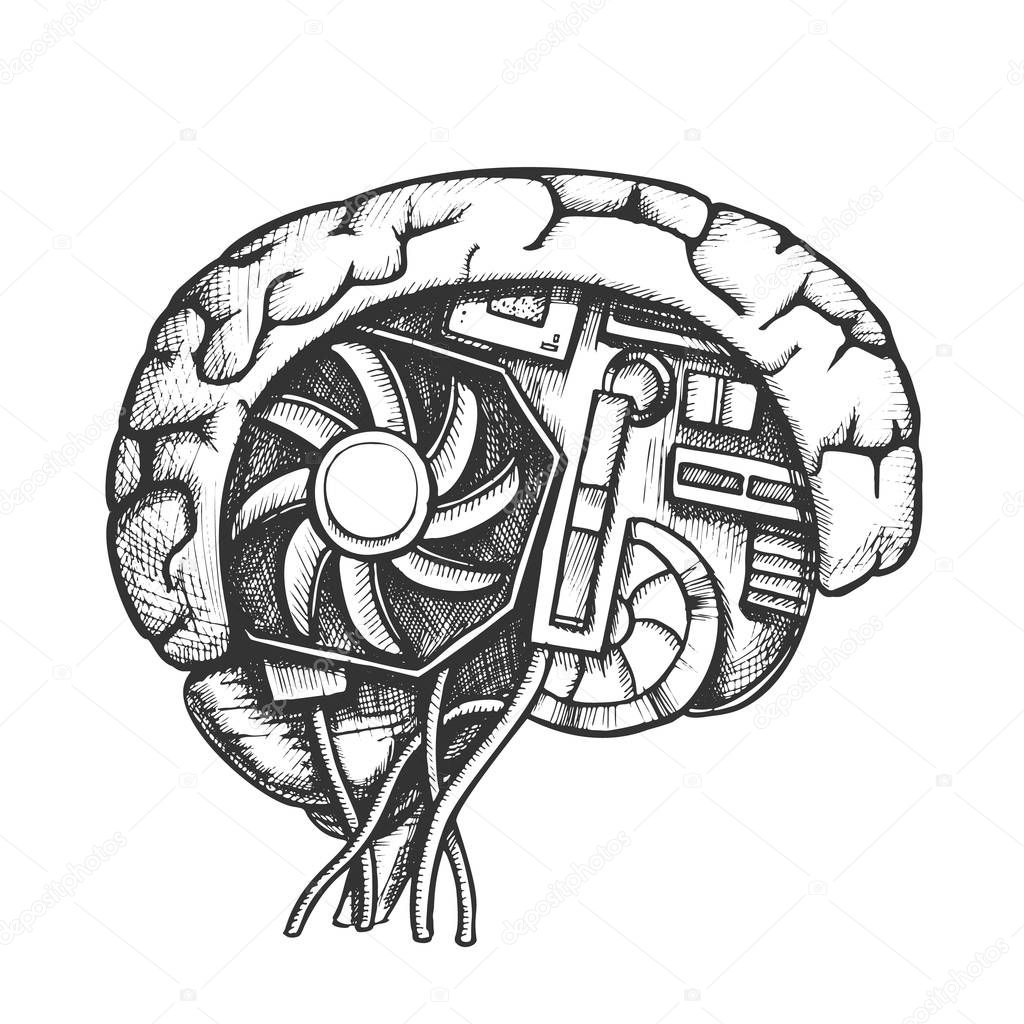 Ai Cyberntic Brain Side View Monochrome Vector