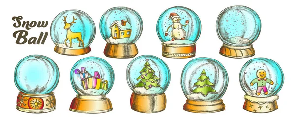 Natal bolas de neve lembrança cor Vintage conjunto vetor —  Vetores de Stock