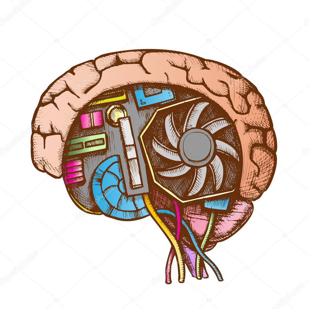 Ai Cyberntic Brain Side View Color Vector