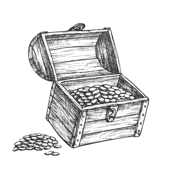 Το σεντούκι του θησαυρού στοίβες νομισμάτων γύρω από το διάνυσμα μελάνης — Διανυσματικό Αρχείο