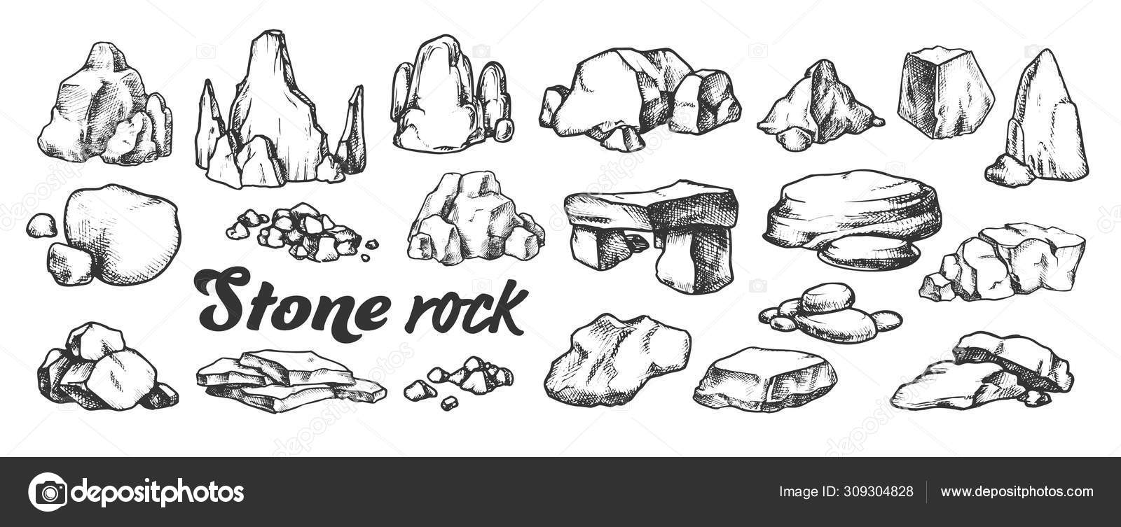 stones sketch set isolated. cobblestones sharp rock Stock Vector