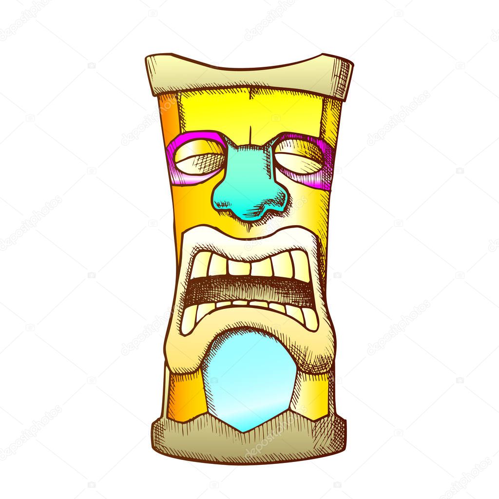 Tiki Idol Carved Wooden Crying Totem Color Vector