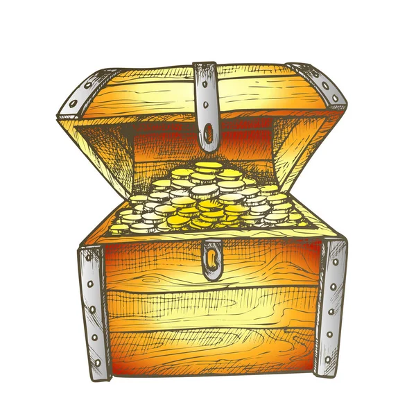 Treasure Chest Filled Golden Coins Color Vector - Stok Vektor