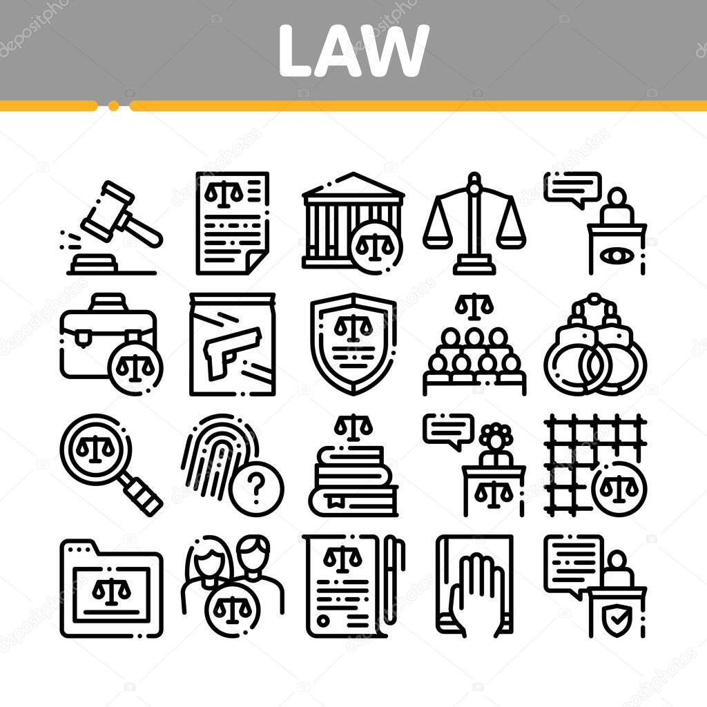 Law And Judgement Collection Icons Set Vector Thin Line. Courthouse And Judge, Gun And Magnifier, Fingerprint And Suitcase, Law Document Concept Linear Pictograms. Monochrome Contour Illustrations
