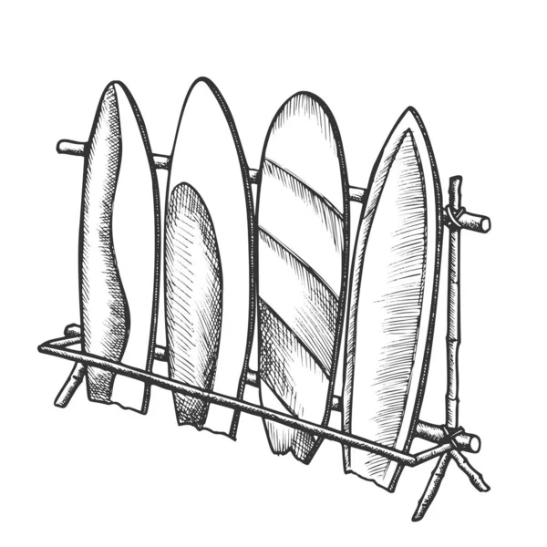 Surfboardy v různých provedeních na regálech Rack Ink Vector — Stockový vektor