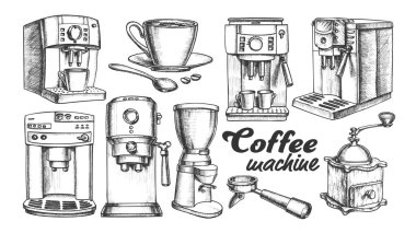 Kahve Makinesi, Tutucu ve Kupa Retro Set Vektörü