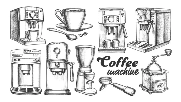 コーヒーマシン、ホルダー、カップレトロセットベクトル — ストックベクタ