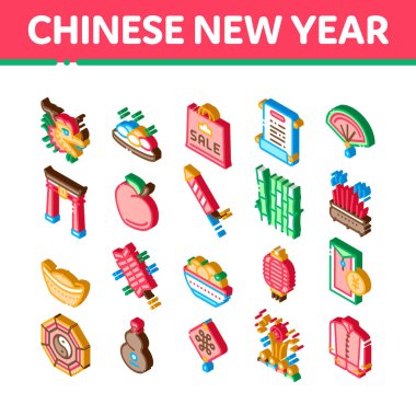 Çin Yeni Yıl Şölen Simgeleri Vektörü Belirledi. Isome Çin Geleneksel Şapkası ve Giysileri, Ejderha ve Kapı, Fener ve Havai fişek Çizimleri