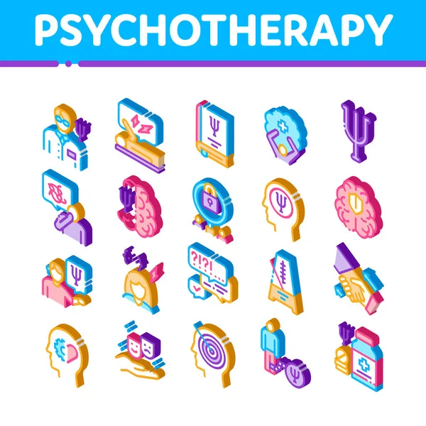 Psychoterapia Pomoc Ikony Ustawić Wektor Izoterapeutyczny Uścisk Dłoni Mózg Psychoterapeuta — Wektor stockowy