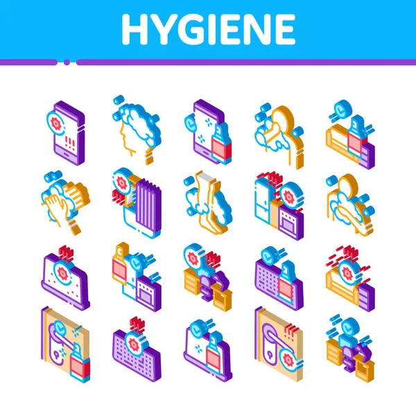 Hygiene Und Gesundheitswesen Icons Set Vector Isometrische Reinigung Mobiltelefon Und — Stockvektor